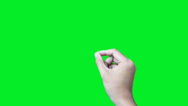 Close up of right hand performing pinch in or zoom out gesture on green screen background