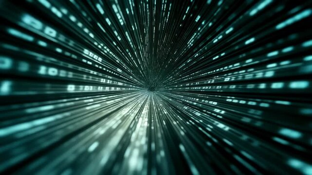 High-speed digital data tunnel with flowing code and light streaks. Ideal for technology ads, cybersecurity, AI, big data, cloud computing, fintech, innovation videos and corporate backgrounds.