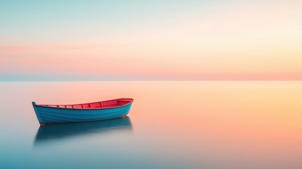 Serene Boat on Calm Water at Sunset with Soft Pastel Sky Hues