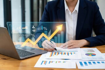 Professional business analysis showcasing financial growth, market trends, data visualization, investment strategies, corporate success, and modern office environment