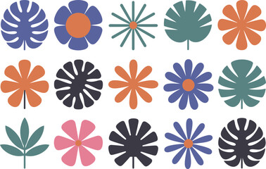 Colorful Floral Icons and Leaves Graphic Design Elements