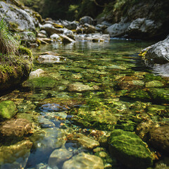 Crystal clear stream water flowing over mossy stones in a forest river, tranquil nature landscape background