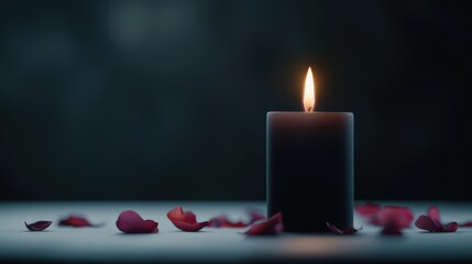 Soothing Candle in Dark Background Surrounded by Red Rose Petals for Relaxation