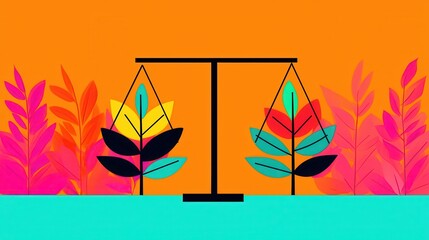 Colorful Balance of Nature and Growth Represented by Scales with Vibrant Plants