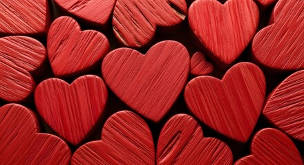A close-up view of vibrant red wooden hearts symbolizing love and romance