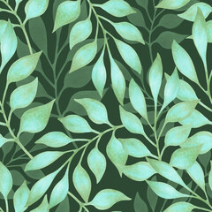 Seamless pattern with graceful turquoise leaves on branches. Watercolor botanical illustration. Hand drawn isolated art. Blue background for textiles, packaging, wallpaper, fabric, and paper.