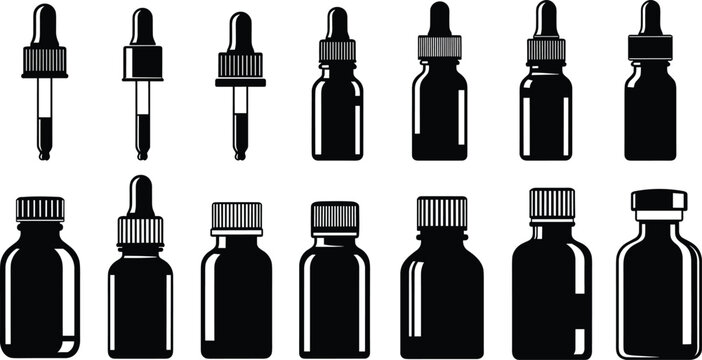 Dropper bottle collection, packaging design, screw cap styles, CAD drawing, flat vector illustration, black white cosmetic concept