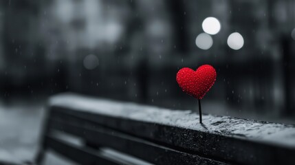 Heart Shaped Decoration on Bench with Rainy Background and Soft Bokeh Lights