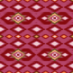 Ethnic ikat red pink dye yarns weaving seamless pattern. Vector hand drawn craftsmanship embroidery bohemian, abstract square geographic art fabric ikat textile material design for clothing wallpaper	