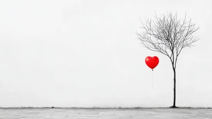 Heart-shaped Red Balloon Floating Beside a Leafless Tree on a Minimalist Background