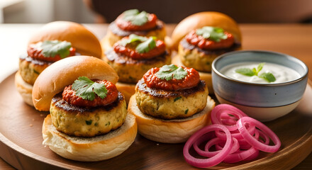 Mini burgers on a wooden board with sauce and pickled onions