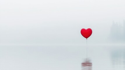 Romantic Red Heart Balloon Floating on Calm Water in Misty Landscape