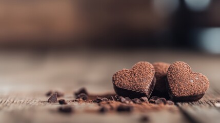 Delicate Chocolate Heart Treats on Rustic Wooden Table Surrounded by Cocoa Crumbs