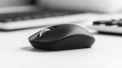 Wireless Black Computer Mouse on Modern Desk with Keyboard in Soft Focus Background