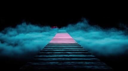 Mystical Pathway Through Fog With Striking Pink and Blue Lighting Effects