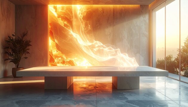 dynamic orange glowing abstract wall art.&nbsp;Warm light from the rising or setting sun floods the room through the large floor-to-ceiling windows, creating a huh atmosphere s