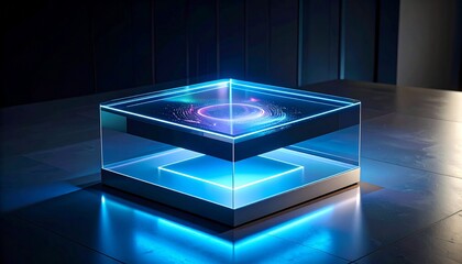 a futuristic cube object glows with blue and purple lighting, featuring a graphical display of swirls on top. High tech, holographic and modern concept.d