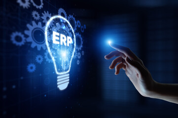 ERP Enterprise Resource Planning Integrating Business Processes for Operational Efficiency with Human Hand Holding Lamp Hologram.