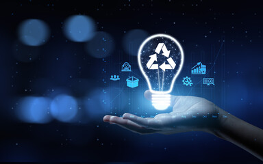 Recycle Promoting Environmental Sustainability and Waste Reduction with Human Hand Holding Lamp Hologram.