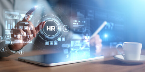 HR Analytics Interface on Virtual Screen as Wide Business and Technology Banner.