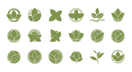 Collection of verdant leaf logos conveying organic natural and eco-friendly concepts perfect for