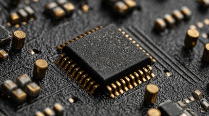 Close-up of integrated circuit chip on circuit board