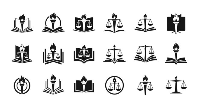 Collection of legal and academic logo concepts featuring scales of justice and torches