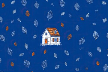 Small house and falling leaves pattern, simple illustration.