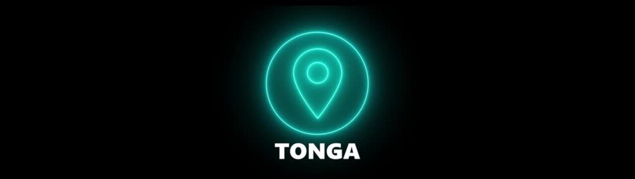 Teal Neon Location Pin Icon and TONGA Text on Black Background tonga map marker