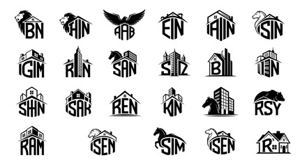 Diverse collection of abstract vector logos blending architectural and animalistic elements