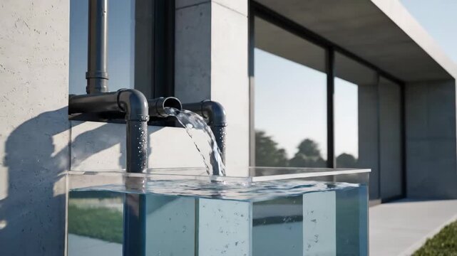 Water flows from pipe into pool on sunny day, liquid detail
