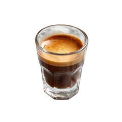 Elegant shot of rich, dark espresso in a faceted glass against a black backdrop