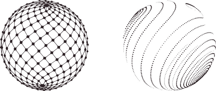 Black and white geometric wireframe sphere and parametric curve patterns