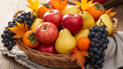 Fresh Fruit Basket with Autumn Leaves