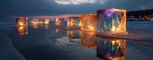 Colorful ice sculptures illuminate a serene landscape at dusk, creating a captivating blend of nature and art.