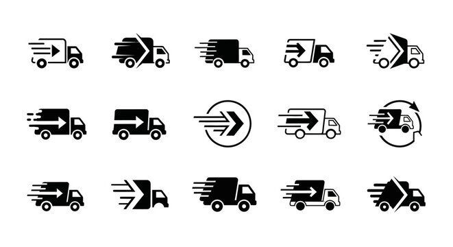 Collection of transport truck icons representing express shipping and speedy delivery for various