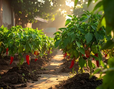 Sunny morning view of rows of growing pepper plants in a garden. The mature plants are full of green and red peppers