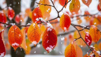 Vibrant Autumn Leaves with Snowflakes