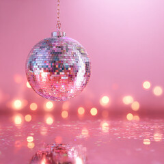 Obraz premium A dreamy pastel disco scene a disco ball hanging from the ceiling, bathed in soft pink and blush lighting. Shallow depth of field with one disco ball in sharp focus, and a solid pink background