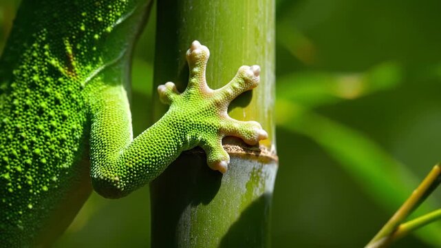 Close-up of a green gecko climbing on a bamboo stalk in bright sunlight