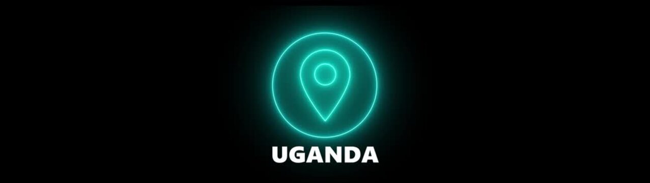Neon Location Pin Icon with Uganda Text on Black Background map marker navigation