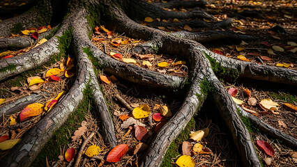 Tree Roots in Autumn Forest Floor
