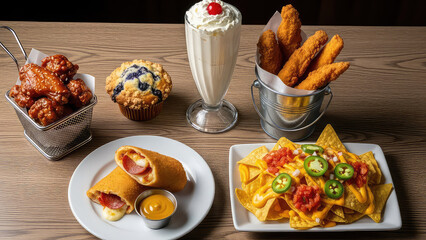 Top View Assorted Junk Food Feast with Spicy Pepperoni Pizza Slices Grilled Chicken Burrito Wraps Cinnamon Roll and Waffle Fries