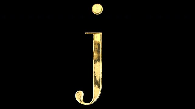 Gold lowercase alphabet &ldquo;j&rdquo;, Serif, light reflecting and patterns shifting, alpha channel