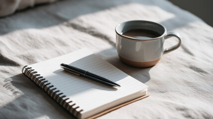 Notebook and coffee mug on bed in daylight.