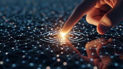Digital Touch: A hand delicately interacts with a glowing network, representing the cutting edge of digital interaction and technological advancement.