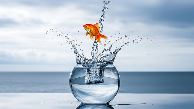 Escape and ambition concept with goldfish jumping to freedom