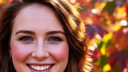 Woman Smiling in Autumn Leaves