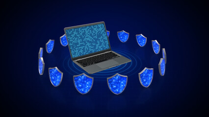 Laptop with Digital Shields and Binary Code for Cyber Security and Data Protection Concept