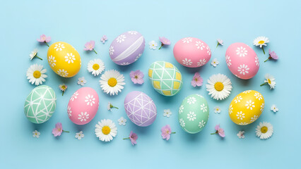Colorful decorated Easter eggs with flowers on blue background  